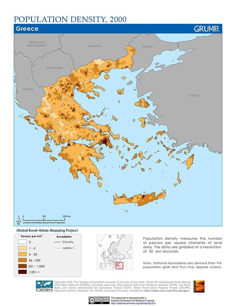 bevolkingsdichtheid kaart van Griekenland